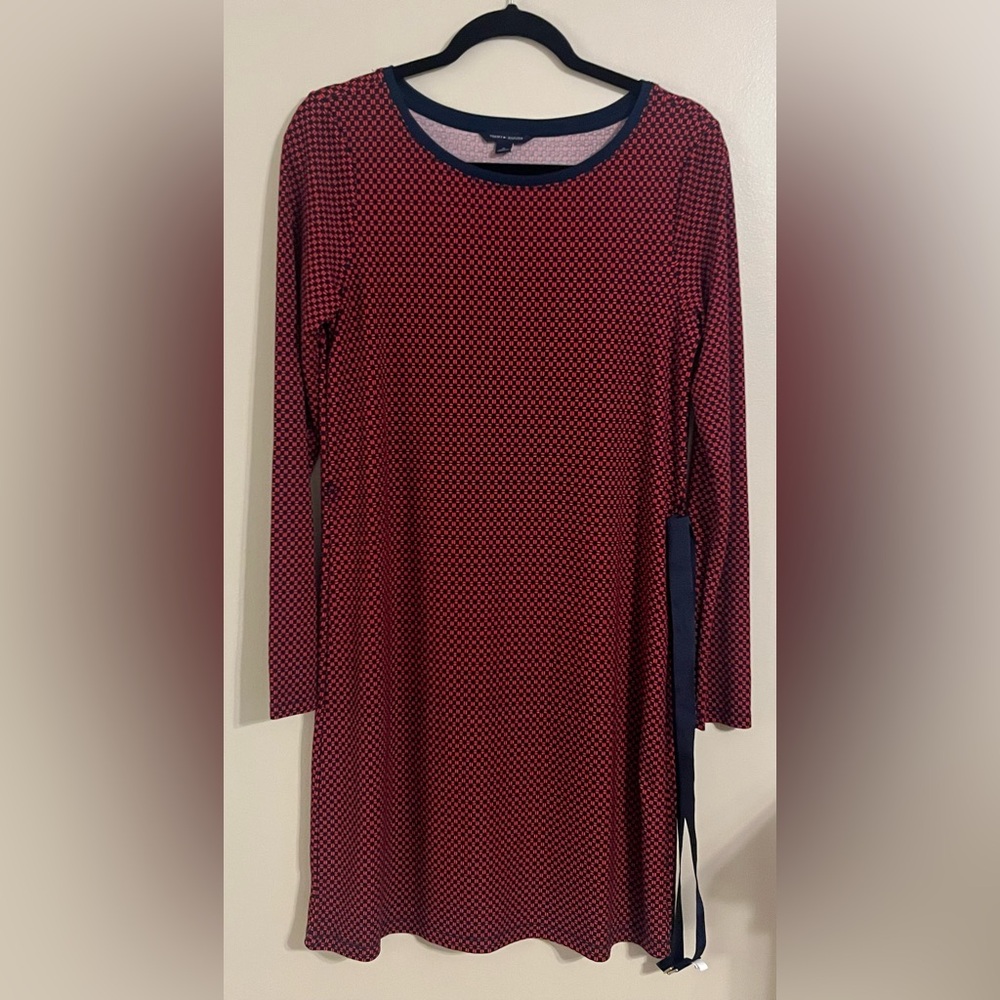 Tommy Hilfiger Women’s Red and Navy Blue Belted Long Sleeve Dress Medium